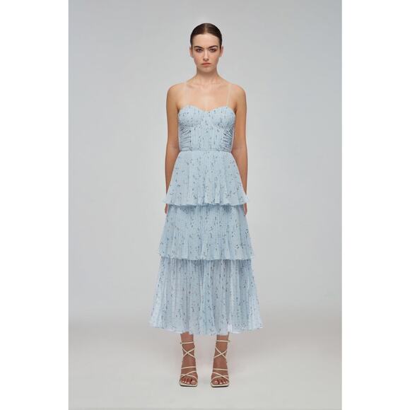 Self-Portrait Women's Blue Metallic Floral Tiered Midi Dress Spaghetti Strap